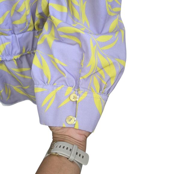 Lavender Lime Green Leaves Print V-Neck Puffed Sleeves Tropical Blouse - Picture 3 of 4